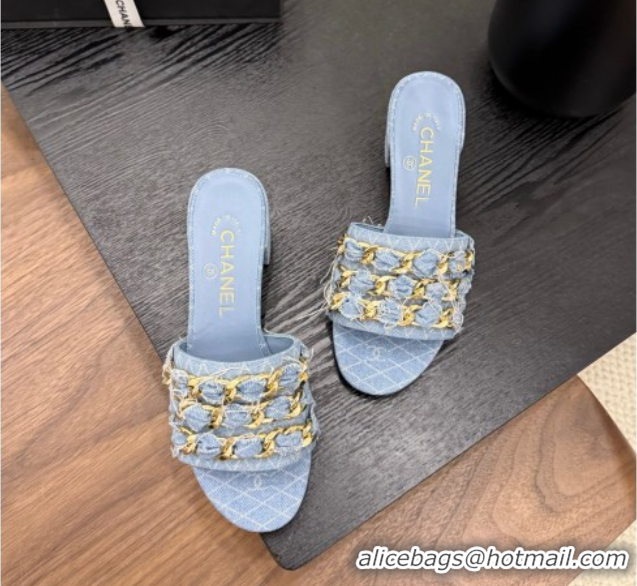 Popular Style Chanel Denim Heel Slides Sandal with Chain Strap Light Blue 2025A CH071508