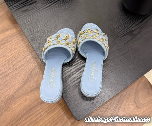 Popular Style Chanel Denim Heel Slides Sandal with Chain Strap Light Blue 2025A CH071508