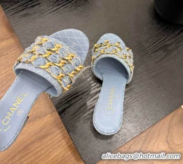 Popular Style Chanel Denim Heel Slides Sandal with Chain Strap Light Blue 2025A CH071508