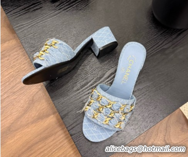 Popular Style Chanel Denim Heel Slides Sandal with Chain Strap Light Blue 2025A CH071508