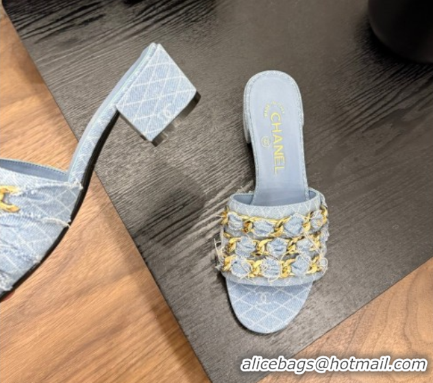 Popular Style Chanel Denim Heel Slides Sandal with Chain Strap Light Blue 2025A CH071508
