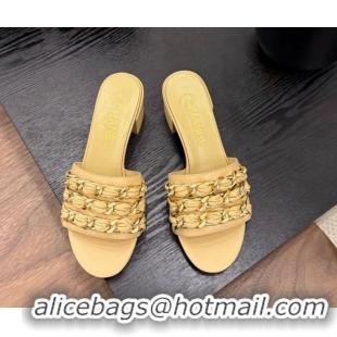 Hot Style Chanel Calfskin Heel Slides Sandal with Chain Strap Yellow 2025A CH071508