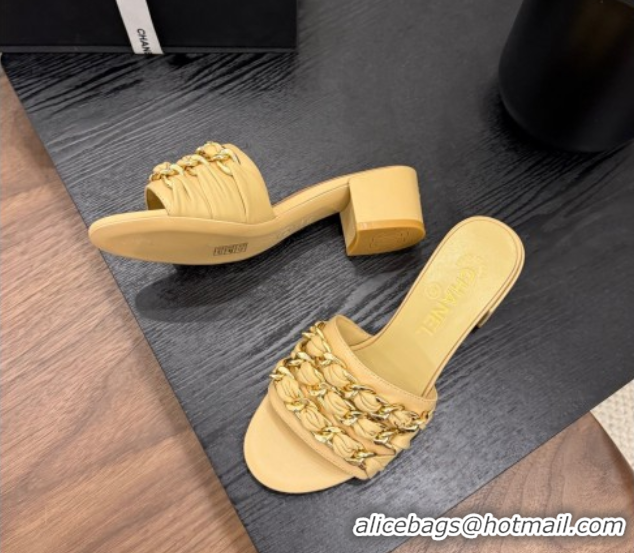 Hot Style Chanel Calfskin Heel Slides Sandal with Chain Strap Yellow 2025A CH071508