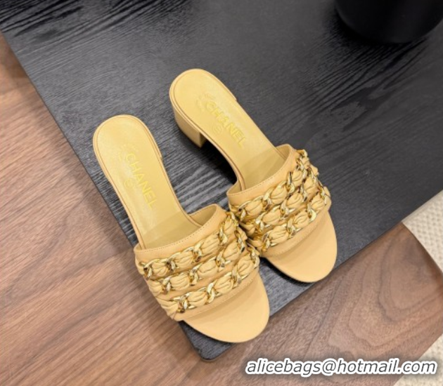 Hot Style Chanel Calfskin Heel Slides Sandal with Chain Strap Yellow 2025A CH071508