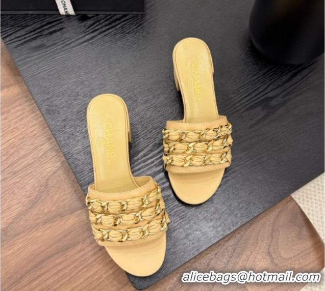 Hot Style Chanel Calfskin Heel Slides Sandal with Chain Strap Yellow 2025A CH071508