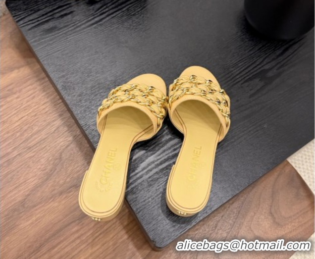 Hot Style Chanel Calfskin Heel Slides Sandal with Chain Strap Yellow 2025A CH071508