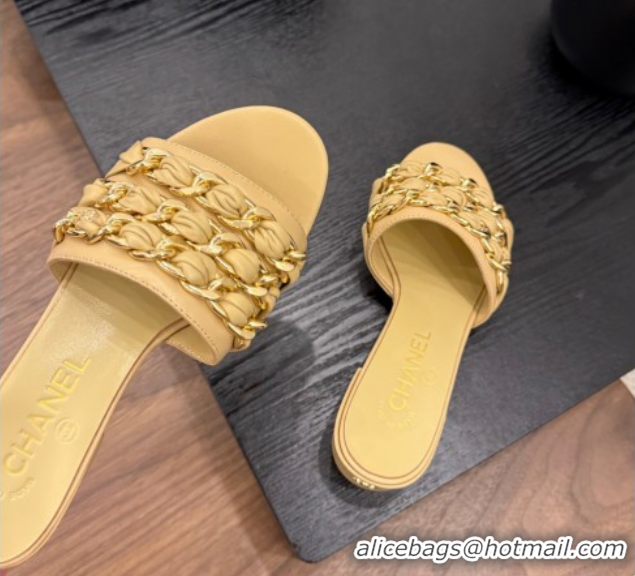 Hot Style Chanel Calfskin Heel Slides Sandal with Chain Strap Yellow 2025A CH071508