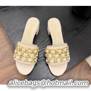 Top Design Chanel Calfskin Heel Slides Sandal with Chain Strap Beige 2025A CH071508