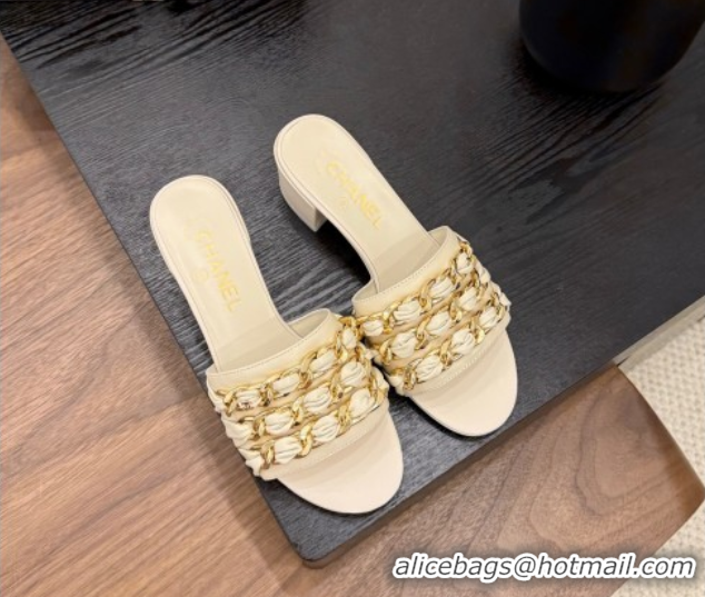 Top Design Chanel Calfskin Heel Slides Sandal with Chain Strap Beige 2025A CH071508