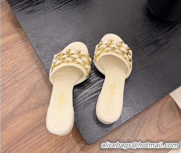 Top Design Chanel Calfskin Heel Slides Sandal with Chain Strap Beige 2025A CH071508