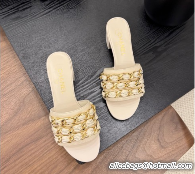 Top Design Chanel Calfskin Heel Slides Sandal with Chain Strap Beige 2025A CH071508