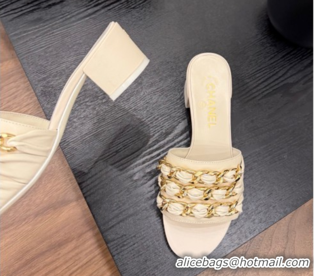 Top Design Chanel Calfskin Heel Slides Sandal with Chain Strap Beige 2025A CH071508