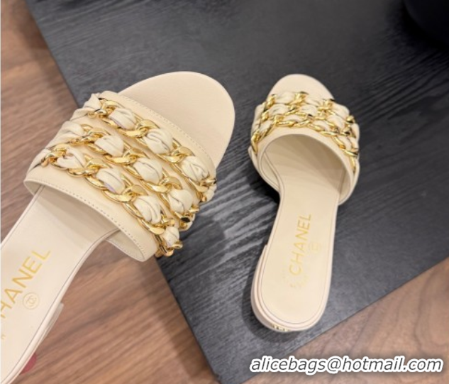 Top Design Chanel Calfskin Heel Slides Sandal with Chain Strap Beige 2025A CH071508