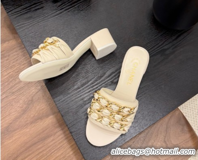 Top Design Chanel Calfskin Heel Slides Sandal with Chain Strap Beige 2025A CH071508