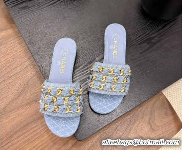 Durable Chanel Denim Flat Slides Sandal with Chain Strap Light Blue 2025A CH071508