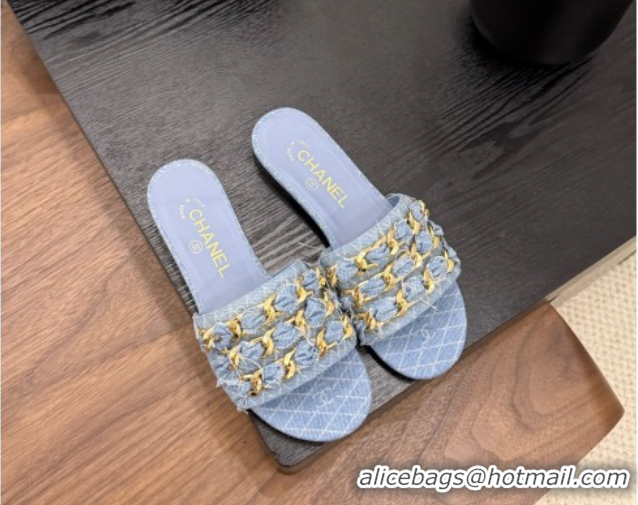 Durable Chanel Denim Flat Slides Sandal with Chain Strap Light Blue 2025A CH071508