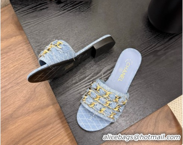 Durable Chanel Denim Flat Slides Sandal with Chain Strap Light Blue 2025A CH071508