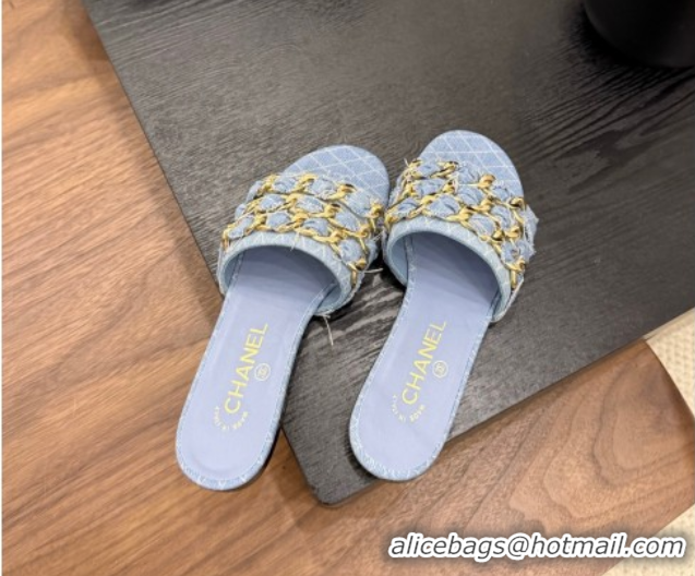 Durable Chanel Denim Flat Slides Sandal with Chain Strap Light Blue 2025A CH071508