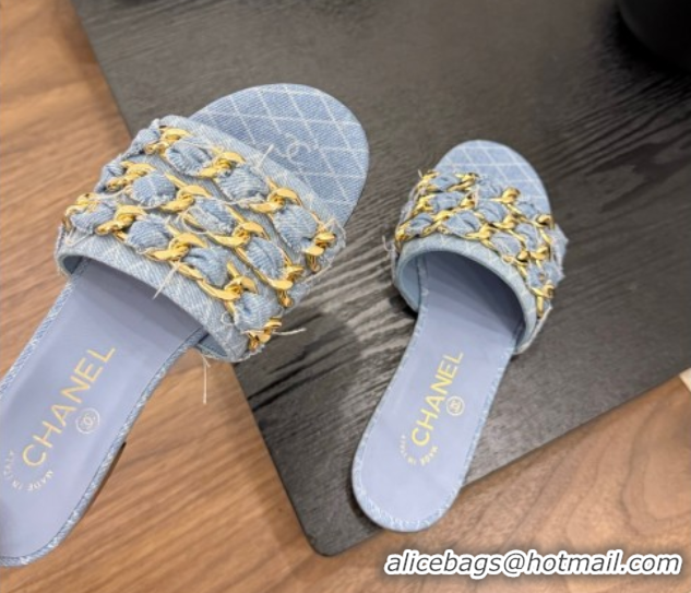 Durable Chanel Denim Flat Slides Sandal with Chain Strap Light Blue 2025A CH071508