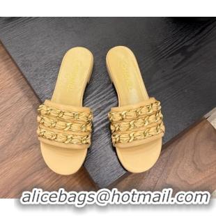 Unique Style Chanel Calfskin Flat Slides Sandal with Chain Strap Yellow 2025A CH071508