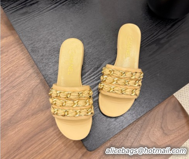 Unique Style Chanel Calfskin Flat Slides Sandal with Chain Strap Yellow 2025A CH071508