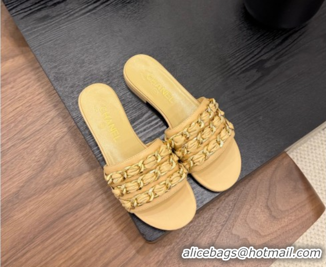 Unique Style Chanel Calfskin Flat Slides Sandal with Chain Strap Yellow 2025A CH071508