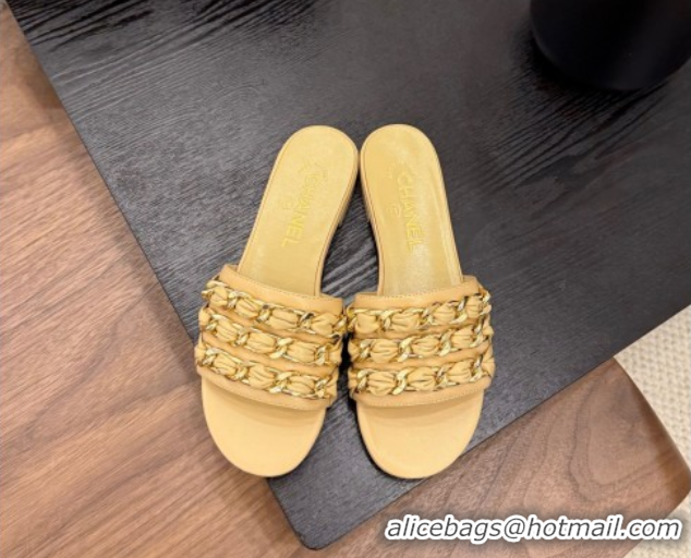 Unique Style Chanel Calfskin Flat Slides Sandal with Chain Strap Yellow 2025A CH071508