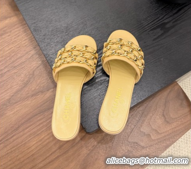 Unique Style Chanel Calfskin Flat Slides Sandal with Chain Strap Yellow 2025A CH071508