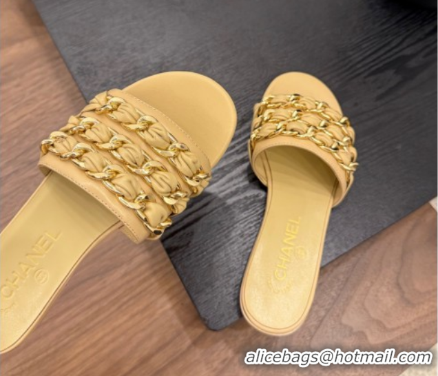 Unique Style Chanel Calfskin Flat Slides Sandal with Chain Strap Yellow 2025A CH071508