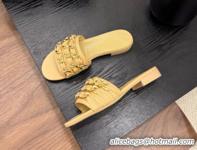 Unique Style Chanel Calfskin Flat Slides Sandal with Chain Strap Yellow 2025A CH071508