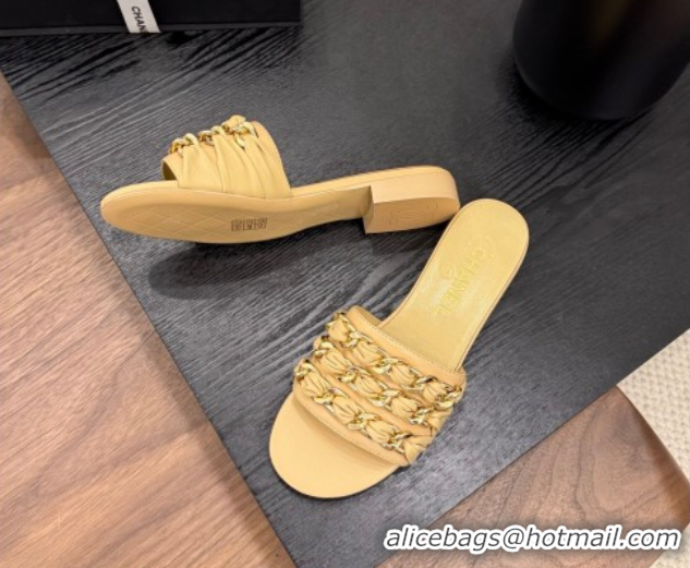 Unique Style Chanel Calfskin Flat Slides Sandal with Chain Strap Yellow 2025A CH071508