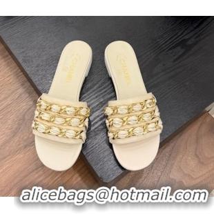 Pretty Style Chanel Calfskin Flat Slides Sandal with Chain Strap Beige 2025A CH071508