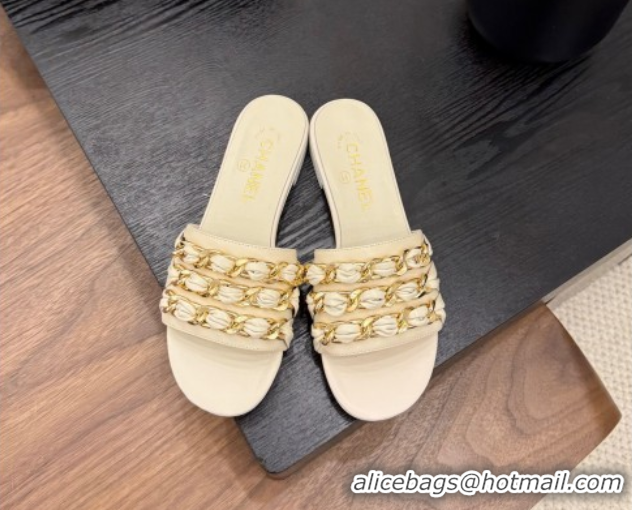 Pretty Style Chanel Calfskin Flat Slides Sandal with Chain Strap Beige 2025A CH071508