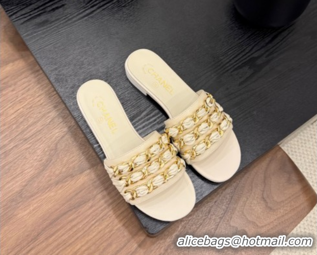 Pretty Style Chanel Calfskin Flat Slides Sandal with Chain Strap Beige 2025A CH071508
