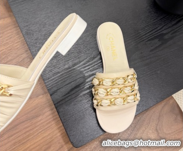 Pretty Style Chanel Calfskin Flat Slides Sandal with Chain Strap Beige 2025A CH071508