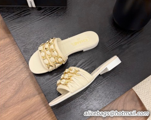 Pretty Style Chanel Calfskin Flat Slides Sandal with Chain Strap Beige 2025A CH071508