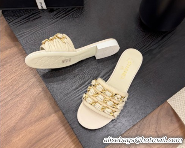 Pretty Style Chanel Calfskin Flat Slides Sandal with Chain Strap Beige 2025A CH071508