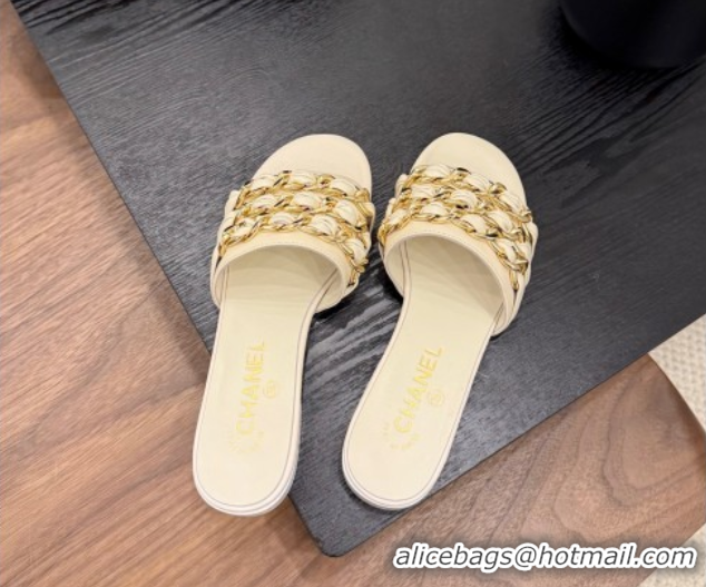 Pretty Style Chanel Calfskin Flat Slides Sandal with Chain Strap Beige 2025A CH071508