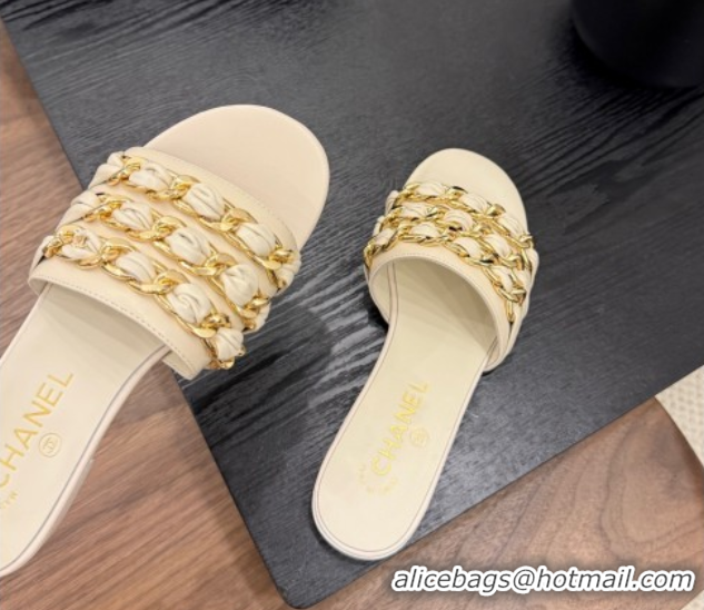 Pretty Style Chanel Calfskin Flat Slides Sandal with Chain Strap Beige 2025A CH071508