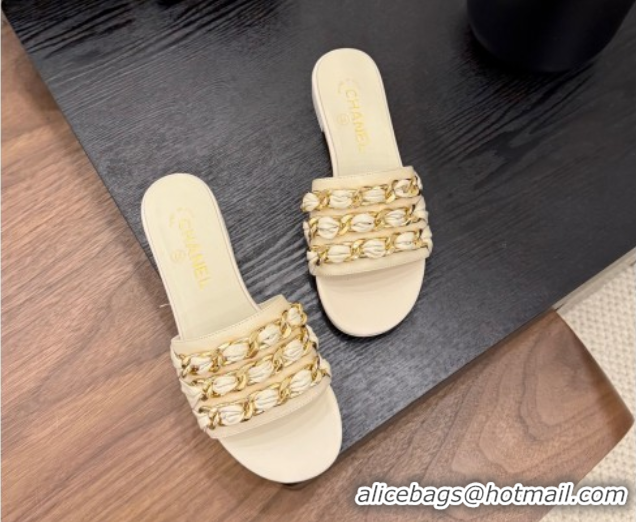 Pretty Style Chanel Calfskin Flat Slides Sandal with Chain Strap Beige 2025A CH071508