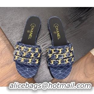 Cheap Price Chanel Denim Flat Slides Sandal with Chain Strap Navy Blue 2025A CH071508