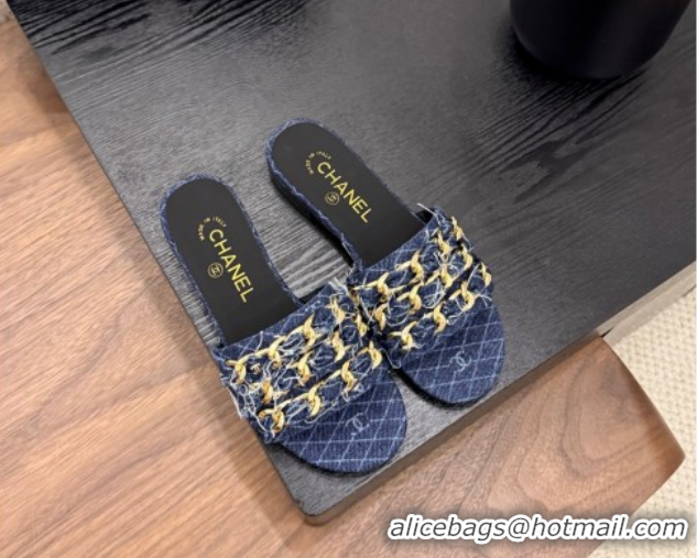 Cheap Price Chanel Denim Flat Slides Sandal with Chain Strap Navy Blue 2025A CH071508
