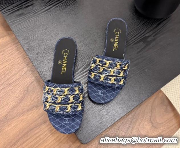 Cheap Price Chanel Denim Flat Slides Sandal with Chain Strap Navy Blue 2025A CH071508