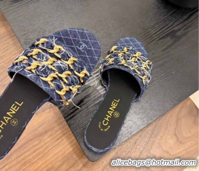 Cheap Price Chanel Denim Flat Slides Sandal with Chain Strap Navy Blue 2025A CH071508