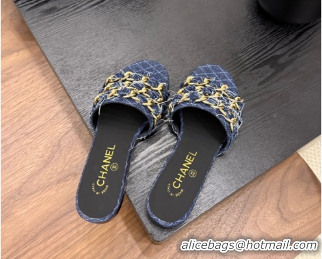 Cheap Price Chanel Denim Flat Slides Sandal with Chain Strap Navy Blue 2025A CH071508