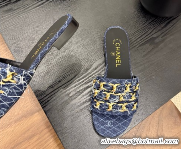 Cheap Price Chanel Denim Flat Slides Sandal with Chain Strap Navy Blue 2025A CH071508