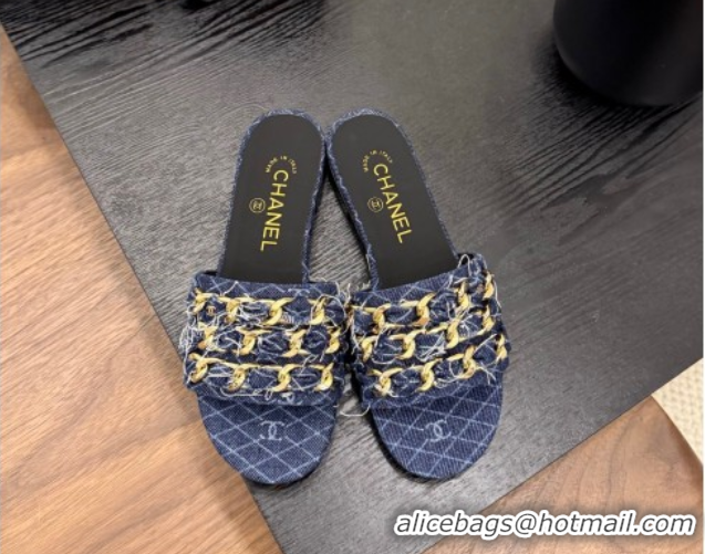 Cheap Price Chanel Denim Flat Slides Sandal with Chain Strap Navy Blue 2025A CH071508