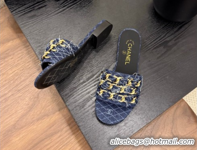Cheap Price Chanel Denim Flat Slides Sandal with Chain Strap Navy Blue 2025A CH071508