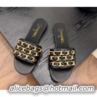 Luxurious Chanel Calfskin Flat Slides Sandal with Chain Strap Black 2025A CH071508