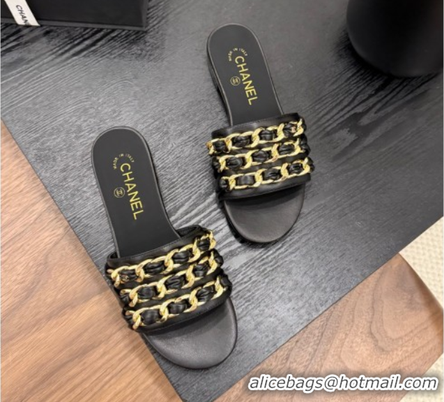 Luxurious Chanel Calfskin Flat Slides Sandal with Chain Strap Black 2025A CH071508
